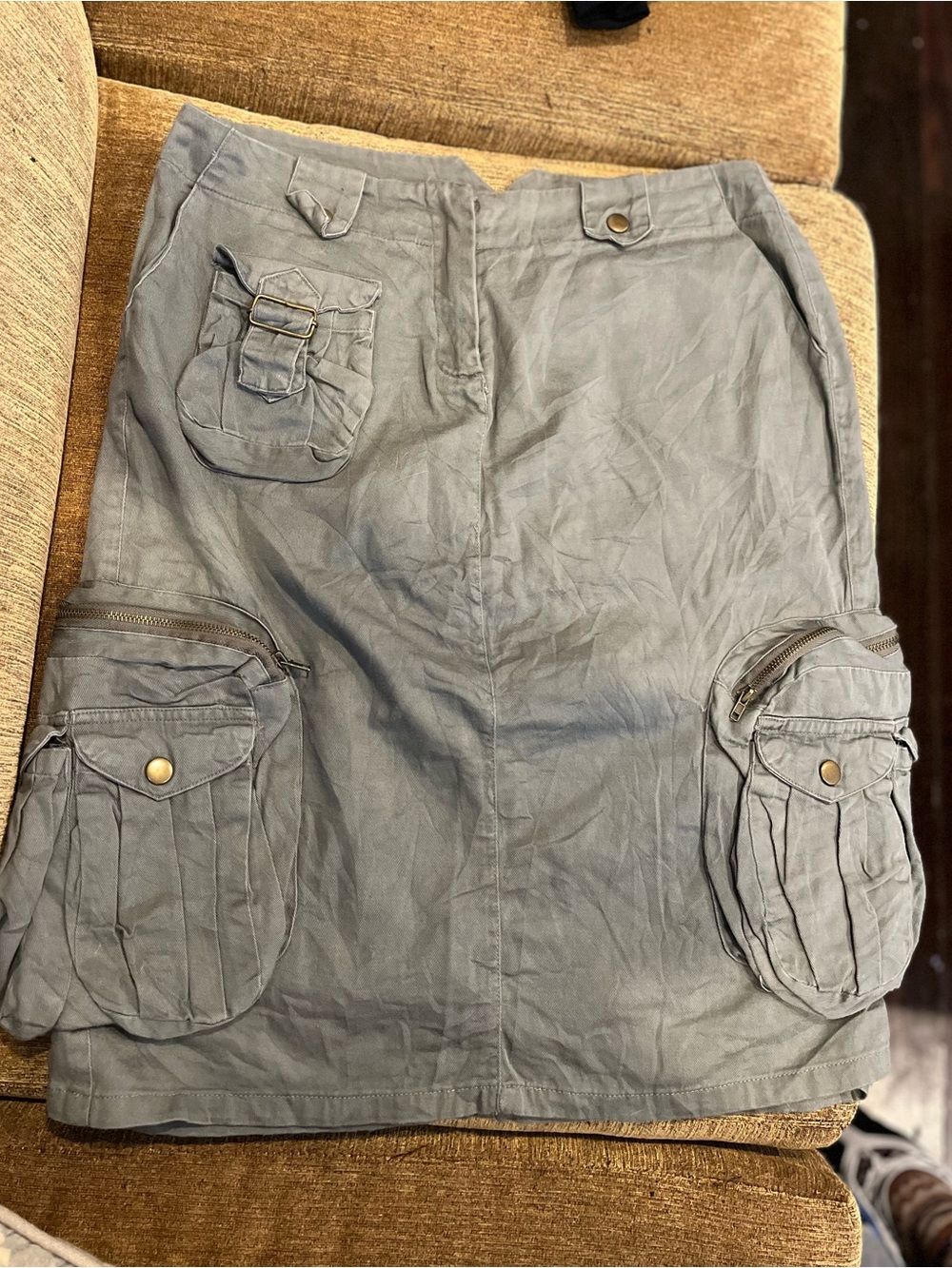 Y2K Euro Subversive Gray Midi Cargo Skirt Brass Buttons Buckle M